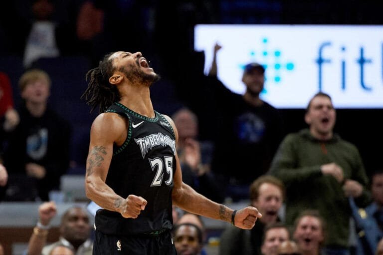 MINNEAPOLIS, MN - OCTOBER 31: Derrick Rose #25 of the Minnesota Timberwolves celebrates a play during the fourth quarter of the game against the Utah Jazz on October 31, 2018 at the Target Center in Minneapolis, Minnesota. Rose scored 50 points. The Timberwolves beat the Jazz 128-125. NOTE TO USER: User expressly acknowledges and agrees that, by downloading and or using this Photo, user agrees to the terms and conditions of the Getty Images License Agreement. (Photo by Hannah Foslien/Getty Images)