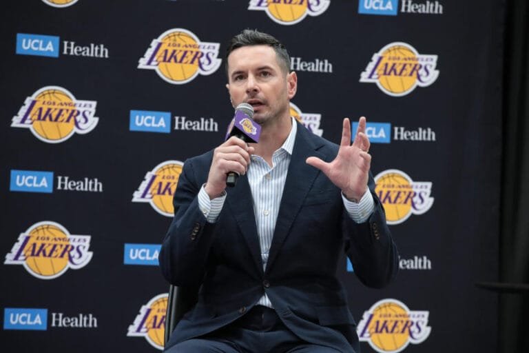 EL SEGUNDO, CA - JULY 02: Los Angeles Lakers head coach JJ Redick gives an answer during the Los Angeles Lakers welcome press conference for their NBA Draft picks on July 02, 2024, at UCLA Health Training Center in El Segundo, CA (Photo by Jevone Moore/Icon Sportswire via Getty Images)