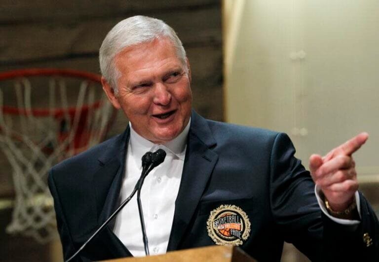 FILE - Basketball Hall of Fame inductee Jerry West, representing the 1960 US Olympic Team, speaks during the enshrinement press conference at the Hall of Fame Museum in Springfield, Mass. Friday, August 13, 2010. Jerry West, who was elected to the Basketball Hall of Fame three times in a legendary career as a player and executive and whose silhouette is considered to be the basis of the NBA logo, died Wednesday morning, the June 12, 2024, the Los Angeles Clippers announced. He was 86. (AP Photo/Elise Amendola)