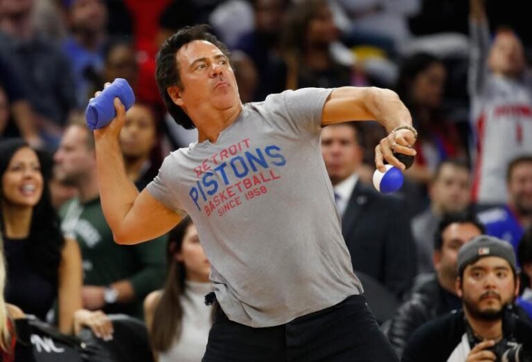 AUBURN HILLS, MI - OCTOBER 28: Detroit Pistons owner Tom Gores throws tee balls into the stands during the Detroit Pistons' home opener against the Orlando Magic at the Palace of Auburn Hills on October 28 2016 in Auburn Hills, Michigan. Detroit won the game 108-82. NOTE TO USER: User expressly acknowledges and agrees that, by downloading and or using this photo, User agrees to the terms and conditions of the Getty Images License Agreement. (Photo by Gregory Shamus/Getty Images)