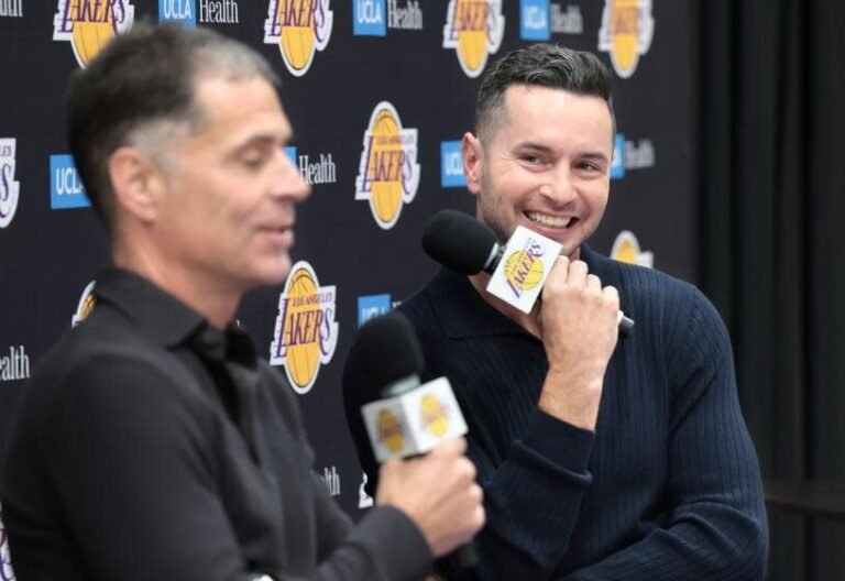 El Segundo, Calif. September 25, 2024-Lakers GM Rob Pelinka, and head coach JJ Redick answer questions during a press conference at the UCLA Health Training Center in El Segundo on Wednesday. (Wally Scali/Los Angeles Times)