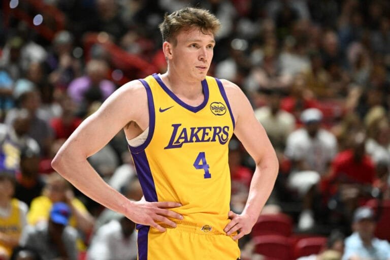 LAS VEGAS, NEVADA - JULY 18: Dalton Knecht #4 of the Los Angeles Lakers looks on against the Cleveland Cavaliers in the second half of a 2024 NBA Summer League game at the Thomas & Mack Center on July 18, 2024 in Las Vegas, Nevada. . The Lakers beat the Cavaliers 93-89. NOTE TO USER: User expressly acknowledges and agrees that, by downloading and or using this photo, User agrees to the terms and conditions of the Getty Images License Agreement. (Photo by Candice Ward/Getty Images)