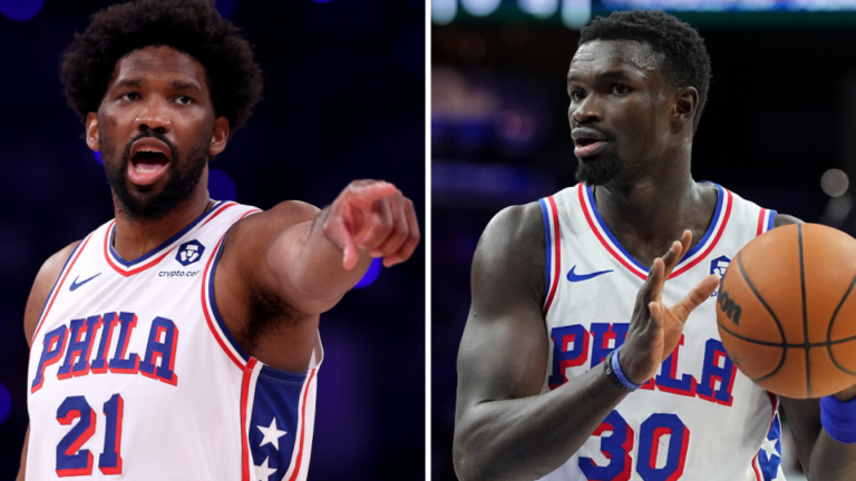 A split image of Joel Embiid pointing and Adem Bona holding a basketball, with both players wearing white Philadelphia 76ers jerseys.