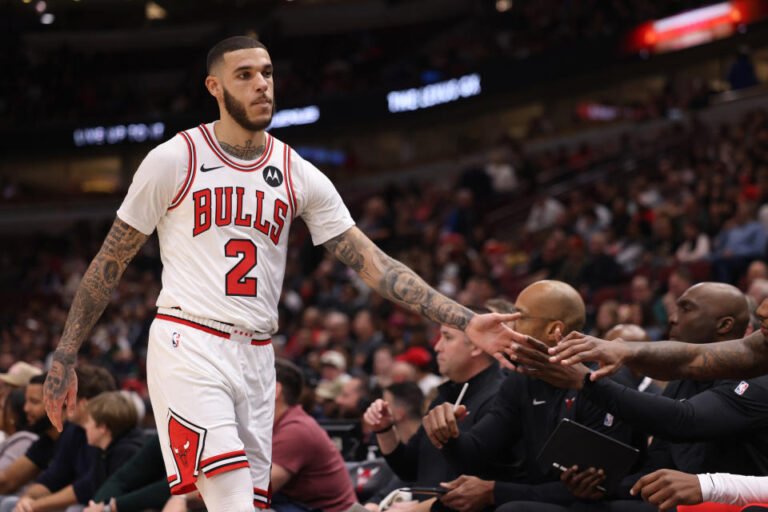 Chicago Bulls guard Lonzo Ball goes to the bench in the first quarter of a preseason game against the Cleveland Cavaliers at the United Center on Oct. 18, 2024, in Chicago. (John J. Kim/Chicago Tribune/Tribune News Service via Getty Images)