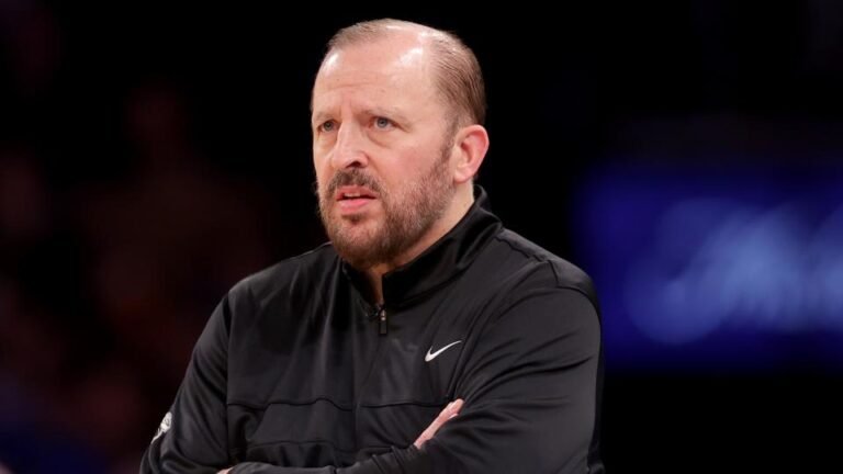 October 25, 2024; New York, New York, USA; New York Knicks head coach Tom Thibodeau practices against the Indiana Pacers during the second quarter at Madison Square Garden. Mandatory Credit: Brad Penner-Imagn Images