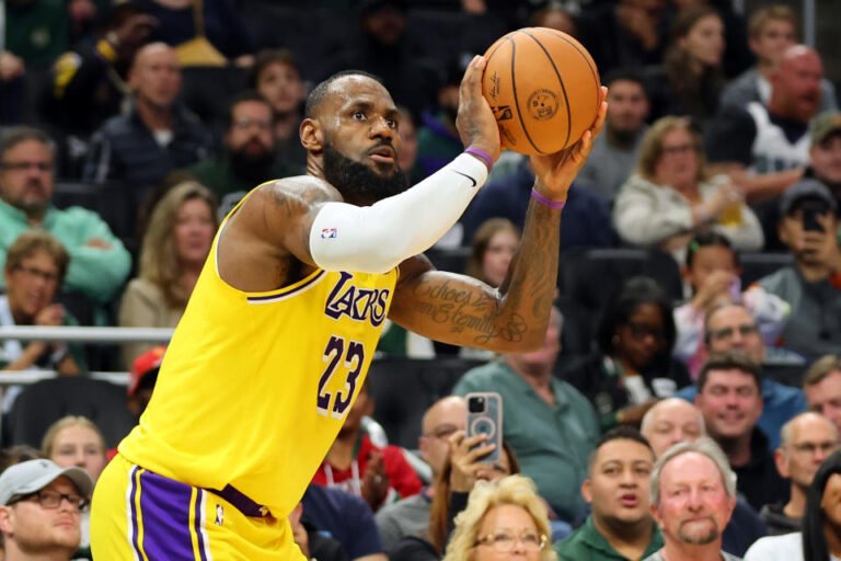 MILWAUKEE, WISCONSIN - OCTOBER 10: LeBron James #23 of the Los Angeles Lakers shoots during a preseason game against the Milwaukee Bucks at Fiserv Forum on October 10, 2024 in Milwaukee, Wisconsin. NOTE TO USER: User expressly acknowledges and agrees that, by downloading and or using this photo, User agrees to the terms and conditions of the Getty Images License Agreement. (Photo by Stacy Revere/Getty Images)