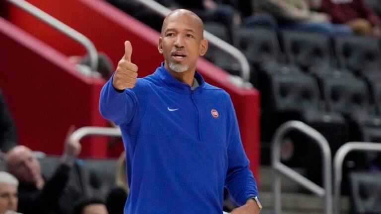 Detroit Pistons head coach Monty Williams signals from the sideline during the first half of an NBA basketball game against the Indiana Pacers, Monday, Dec. 11, 2023, in Detroit. (AP Photo/Carlos Osorio)