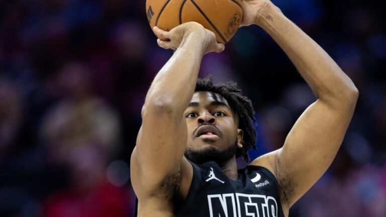 Apr 14, 2024; Philadelphia, Pennsylvania, USA; Brooklyn Nets guard Cam Thomas (24) shoots against the Philadelphia 76ers during the first quarter at Wells Fargo Center.