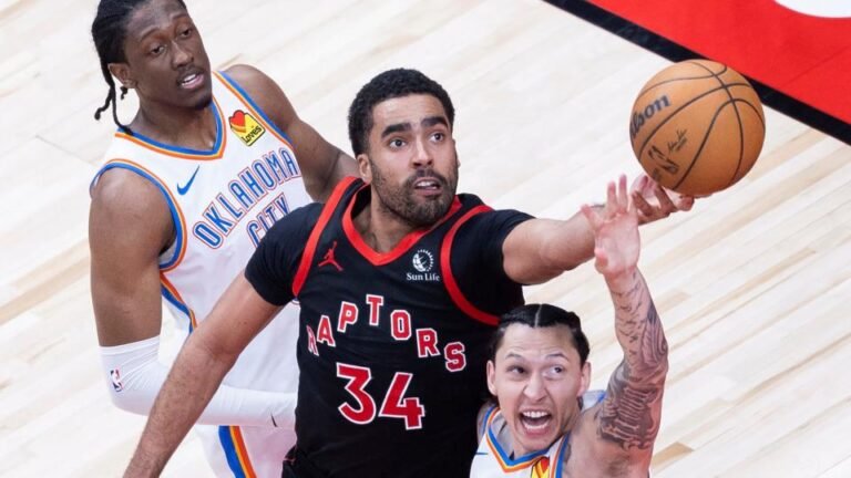 Toronto Raptors' Jontay Porter C battles for a rebound with Oklahoma City Thunder's Lindy Waters III R during the 2023-2024 NBA regular season game between the Toronto Raptors and the Oklahoma City Thunder in Toronto, Canada, on March 22, 2024. (Photo by Zou Zheng./Xinhua via Getty Images)