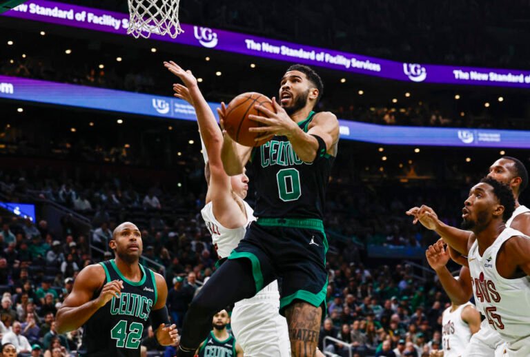 Jayson Tatum led the Celtics in handing the Knights their first loss of the season. (Winslow Townson/Getty Images)