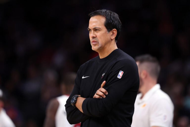 PHOENIX, ARIZONA - NOVEMBER 06: Head coach Erik Spoelstra of the Miami Heat looks on during the game against the Phoenix Suns at Footprint Center on November 06, 2024 in Phoenix, Arizona. The Suns defeated the Heat 115-112. NOTE TO USER: User expressly acknowledges and agrees that, by downloading and or using this photo, User agrees to the terms and conditions of the Getty Images License Agreement. (Photo by Chris Coduto/Getty Images)