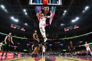 CLEVELAND, OHIO - NOVEMBER 15: Zach LaVine #8 of the Chicago Bulls shoots over Isaac Okoro #35 of the Cleveland Cavaliers during the second quarter of the Emirates NBA Cup game at Rocket Mortgage Fieldhouse on November 15 2024 in Cleveland, Ohio. The Knights defeated the Bulls 144-126. NOTE TO USER: User expressly acknowledges and agrees that, by downloading and or using this photo, User agrees to the terms and conditions of the Getty Images License Agreement. (Photo by Jason Miller/Getty Images)