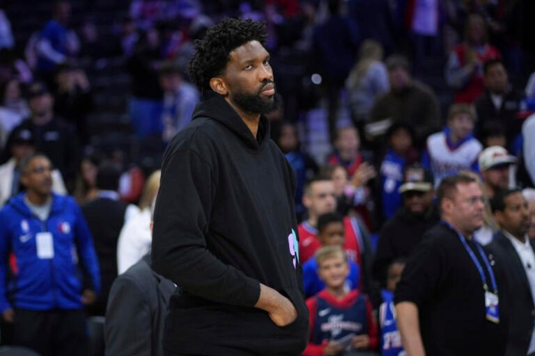 Philadelphia 76ers' Joel Embiid looks over the court after an NBA basketball game against the Memphis Grizzlies, Saturday, Nov. 2, 2024, in Philadelphia. (AP Photo/Matt Slocum)