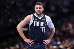 DALLAS, TEXAS - NOVEMBER 19: Luka Doncic #77 of the Dallas Mavericks looks on during the first half of the Emirates NBA Cup vs. New Orleans Pelicans game at American Airlines Center on November 19, 2024 in Dallas, Texas. NOTE TO USER: User expressly acknowledges and agrees that, by downloading and/or using this photo, user agrees to the terms and conditions of the Getty Images License Agreement. (Photo by Sam Hodde/Getty Images)