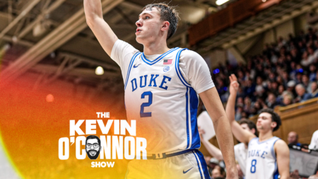 DURHAM, NORTH CAROLINA - NOVEMBER 16: Cooper Flagg #2 of the Duke Blue Devils watches his three-point attempt during the game against the Wofford Terriers at Cameron Indoor Stadium on November 16, 2024 in Durham, North Carolina. The Blue Devils won 86-35. (Photo by Grant Halverson/Getty Images)