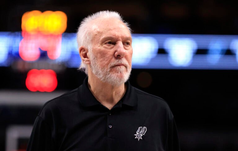 DALLAS, TX - February 14: San Antonio Spurs head coach Gregg Popovich looks on as the Spurs take on the Dallas Mavericks in the first half at American Airlines Center on February 14, 2024 in Dallas, Texas. NOTE TO USER: User expressly acknowledges and agrees that, by downloading and or using this photo, User agrees to the terms and conditions of the Getty Images License Agreement. (Photo by Ron Jenkins/Getty Images)