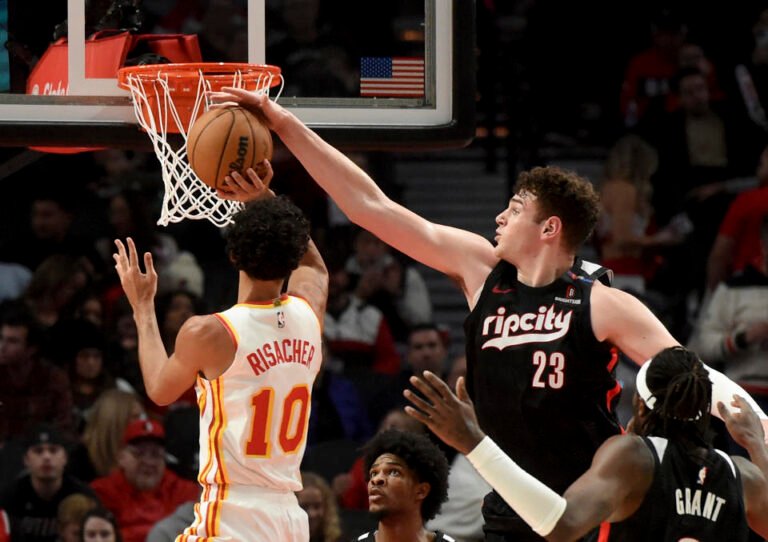 Portland Trail Blazers center Donovan Clingan is blocking shots at a productive rate that has boosted his fantasy value along with additional playing time. (AP Photo/Steve Dykes)